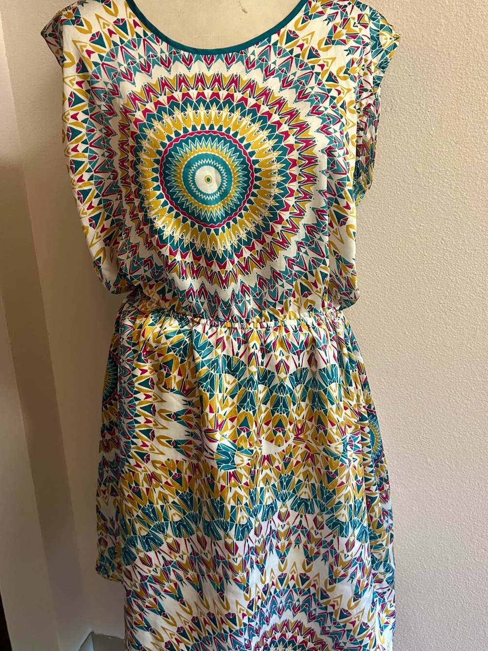 Allen B. By Allen Schwartz Teal, Yellow & Pink Printed Summer Dress knee length